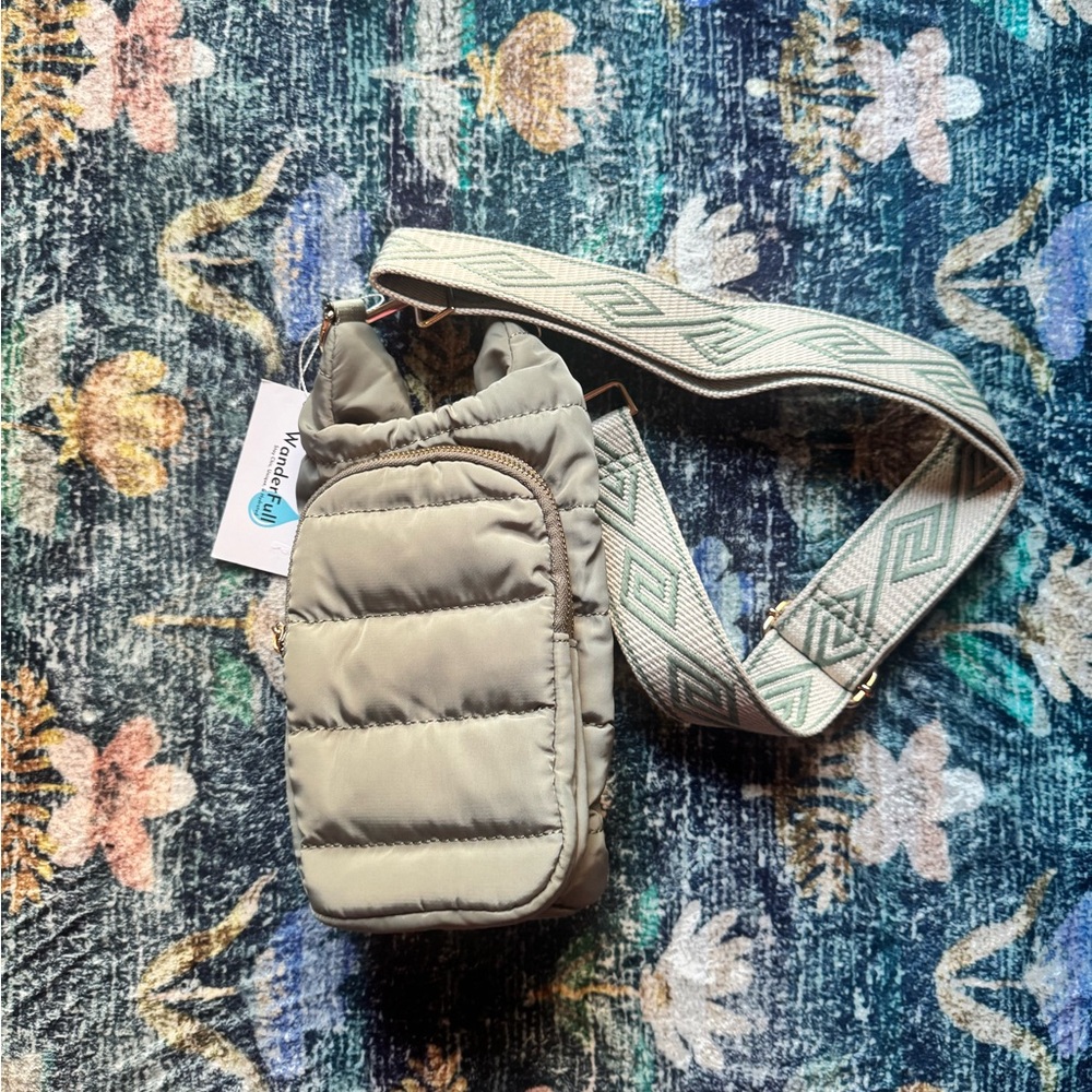 NWT Wanderfull Compact Quilted Crossbody Bag in Light Olive with Patterned Strap
